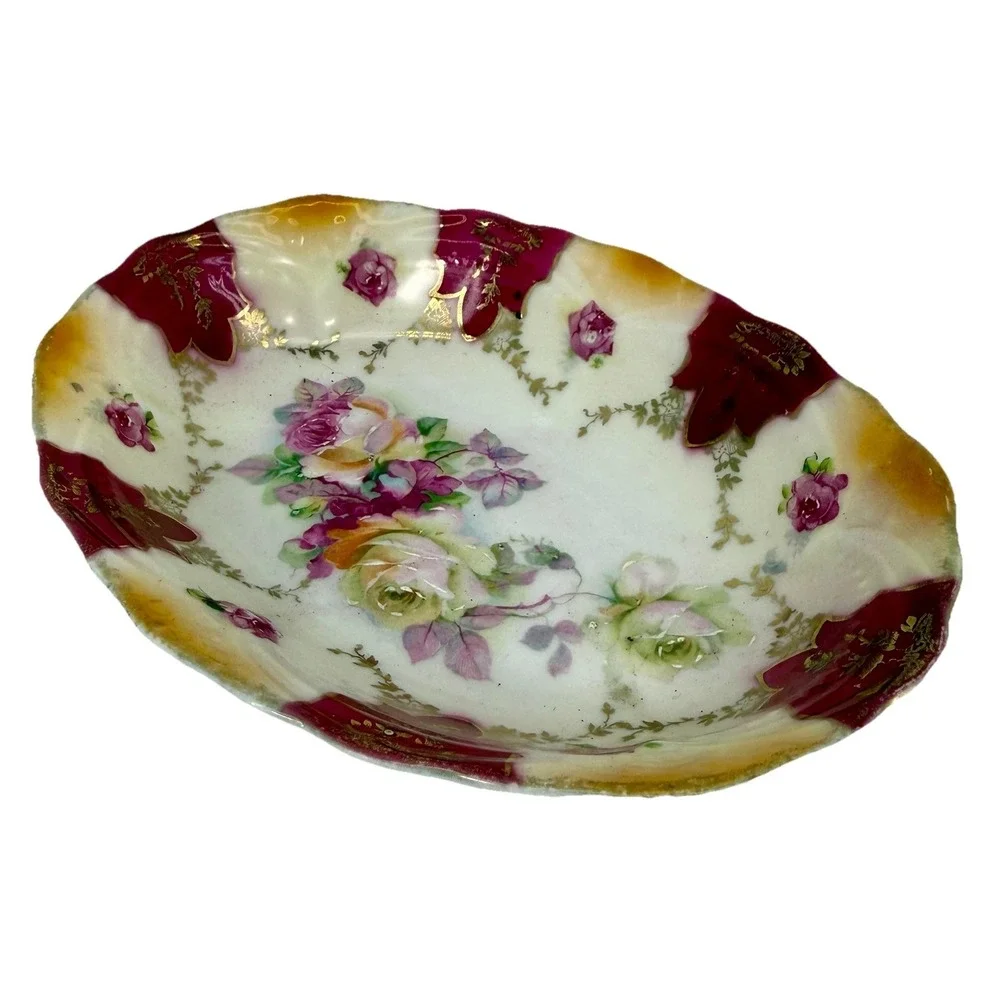 Vintage BT Co‎ Germany Porcelain Dish Hand Painted Gold Trim Floral Oval 6.5